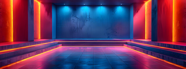 Wall Mural - An empty area space with red and blue neon light surround, perfect for wallpaper background or banner backdrop, empty space or copyspace editable