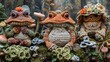 Charming handmade knitted frogs in a whimsical garden setting, artisan craftsmanship