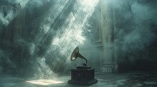 Solitary Antique Gramophone In A Mysterious, Mist-filled Room With Ethereal Light Streaming In