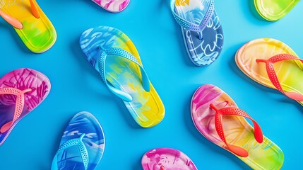 colored bright slippers for women and children flip flops on a blue background