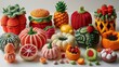 Colorful handcrafted knitted food items including vegetables, fruits, and desserts on a clean background