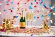 'celebratory champagne featuring confetti ambiance party vibrant table A envelops hats. playful champaign celebration festive holiday background glasses drink event wine food di'