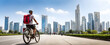Exploring Bangkok on Two Wheels: Backpacker Cycling Through Cityscape with Skyscrapers in Thailand - Stock Photo Concept