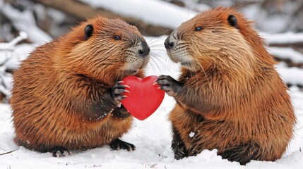 Sticker -   Two beavers pose in the snow, each holding a red Frisbee near their mouths One Frisbee shapes a heart