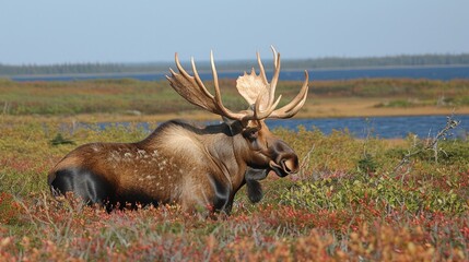   A moose with expansive antlers stands in a vibrant field of red and green grass, adjacent to a tranquil body of water