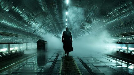 Wall Mural -   A man in a long coat walks through a foggy tunnel, with a train visible beyond its murky depths