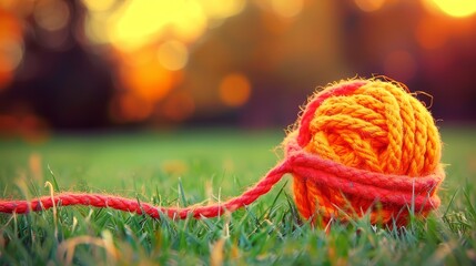 Wall Mural -   A tight shot of a ball of yarn on the ground amidst a lush field of grass, with the sun casting long shadows behind