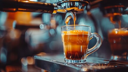 Wall Mural -   A tight shot of pouring liquid into an espresso machine of a coffee maker