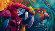 Parrots with vivid feathers in a painterly style with a tropical background