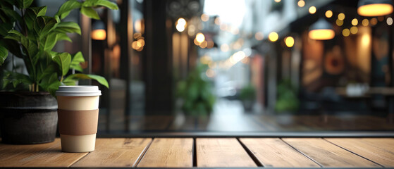 Craft paper coffee cup mockup on bar,restaurant, cafe counter. Blurred background with evening cityscape view. Template, banner for ads. Generative ai