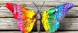   A multicolored butterfly atop a wooden bench, wings expanded, eyes tucked shut