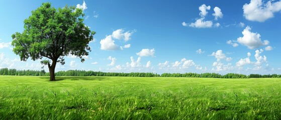 Wall Mural -   A solitary tree, its leaves green, stands in the midst of a blue-skied open field dotted with clouds