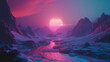 Synthwave retro futurism mountain landscape with a glowing sunset over a frozen river.