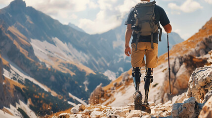 Brave hiker with prosthetic legs, backpack and trekking poles overcomes mountain trail, embodying resilience and strength. Active lifestyle with disability, movement perseverance, adventure, travel