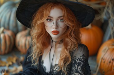 Wall Mural - Young redhead wearing a stylish witch hat and attire, with Halloween pumpkins in background