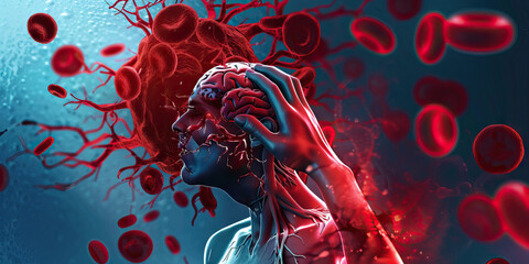 Polycythemia Vera: The Headache and Dizziness - Visualize a person with highlighted blood showing overproduction of red blood cells, experiencing headache and dizziness