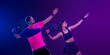 Tennis player woman with racket on tournament. Girl athlete with racket on open court with neon colors. Download a high quality photo for design of a sports app or tour events.
