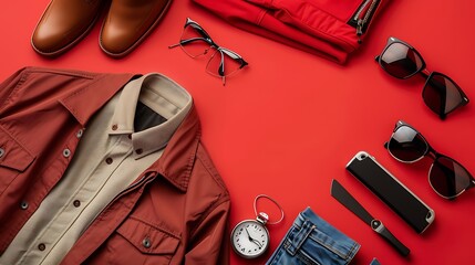 Mens clothing and personal accessories isolated on red background