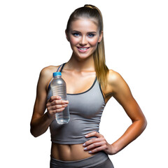 Wall Mural - Healthy young woman holding a water bottle on a transparent background