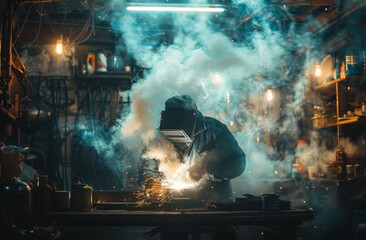 Wall Mural - A skilled welder in protective gear is working amidst intense smoke and sparks, concentrating on precise metalwork