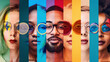 A diverse group of people wearing colorful glasses, each person representing a different vibrant color, conveying a sense of unity and harmony through the spectrum of humanity.