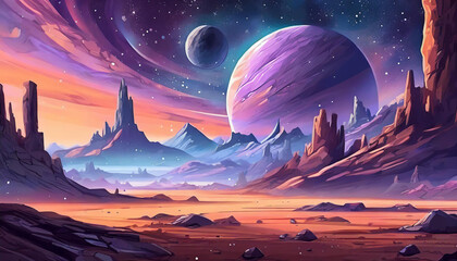 Wall Mural - Abstract illustration of outer space desert with rocks. Cosmic landscape. Purple sky. Fantasy planet