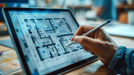 Architect working with stylus on electronic tablet