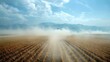 Dry barren rice fields with dust carried by wind in hot atmosphere. Concept Desertification, Environmental degradation, Dust storms, Agriculture decline, Climate change