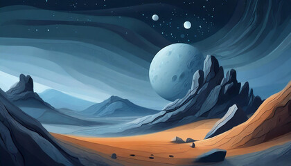 Wall Mural - Abstract illustration of space desert with rocks. Cosmic landscape. Blue sky. Fantasy alien planet.