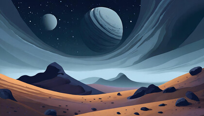 Wall Mural - Abstract illustration of space desert with rocks. Cosmic landscape. Blue sky. Fantasy alien planet.