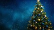 Festive Christmas Tree Adorned with Golden and Blue Ornaments Against Starry Background