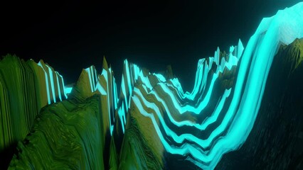 Wall Mural - Fly above colorful green and blue glowing neon mountain on black background. 3D animation