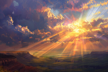 Wall Mural - The moment of sunrise as seen through a break in the clouds, focusing on the rays of light piercing the cloudiness and illuminating the landscape below - Generative AI