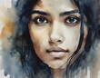 Watercolor Whispers: Portrait of a Beautiful Indian Woman with Long Black Hair