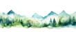 Watercolor mountains spruce trees landscape forest border, spring, summer, awakening of nature, isolated illustration transparent background, wedding invitation, Generative ai