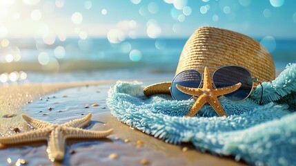 towel sun hat sunglasses and starfish on defocus sea background