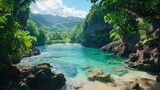 Fototapeta  - Serene Tropical Bay with Dramatic Cliffs and Lush Greenery