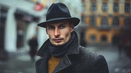 A portrait of handsome man wearing black hat at downtown