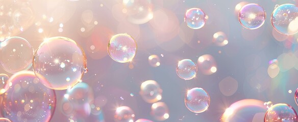 Wall Mural - white soap bubbles float in the sky, sparkling, light to dark gradient background. generative AI