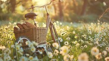 Vintage Style Bike With A Wicker Basket Containing Flowers Bread