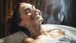 Radiant Serenity: Joyful woman Engages in Relaxation and Tranquility Within the Spa's Serene Atmosphere and Comforting Ambiance