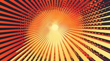 A Red And Orange Background With A White Circle In The Center Surrounded By Yellow And Orange Rays And Halftone Dots.