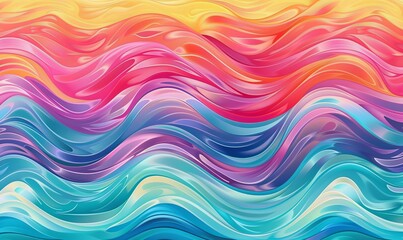 Wall Mural - Vibrant abstract wavy pattern in a gradient of pink, orange, blue, and purple. Art design with smooth flowing lines for background, wallpaper, or print.