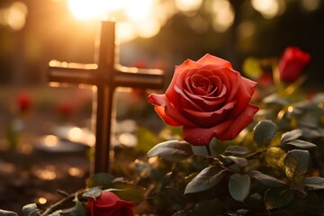 Wall Mural - Close-up of a red rose against the background of the Solemn Catholic Cemetery with a grave marker and a cross at sunset