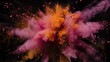 Pinkfarbene Farbexplosion vor dunklem Hintergrund, rauchender Knall, Explosion aus Pulver