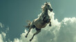 Elegant horse mid-leap against a cloudy sky backdrop.