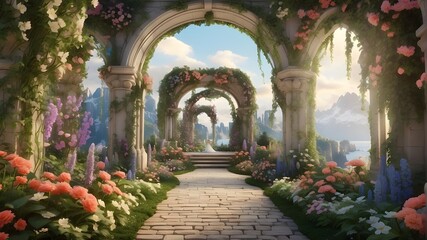   A photorealistic depiction of an enchanted fairytale garden with secret pathways under flower arches, vibrant greenery, and a digital backdrop of magical beauty. The image should capture the realisti