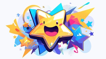 An eye catching cartoon cartoon style star icon stands out against a white background in this 2d illustration bringing a vibrant pop of color with its plastic y voluminous yellow design