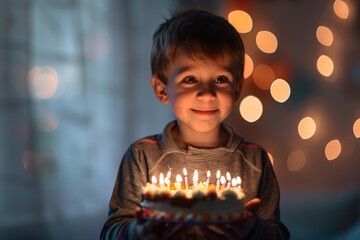 Wall Mural - A young boy smiling while holding a birthday cake with lit candles.