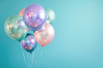 Wall Mural - Bunch of shiny balloons on a blue background with ample space for text.